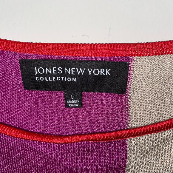 Jones New York Color Block Shell Size Large Purple Tan Red Lightweight Knit Top - Picture 2 of 6